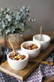 Three White Stone Serving Bowls W Mango Wood Spoons & Base