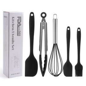 Silicone Cook Utensils;  5 Piece Kitchen Cooking Set (Color: Black)