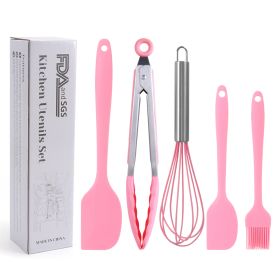 Silicone Cook Utensils;  5 Piece Kitchen Cooking Set (Color: Pink)