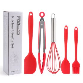 Silicone Cook Utensils;  5 Piece Kitchen Cooking Set (Color: Red)